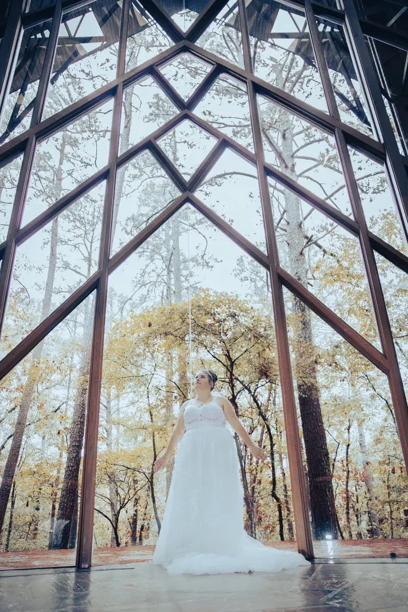 Bride in fitted lace gown standing beneath the Anthony Chapel skylight, Garvan Woodland Gardens